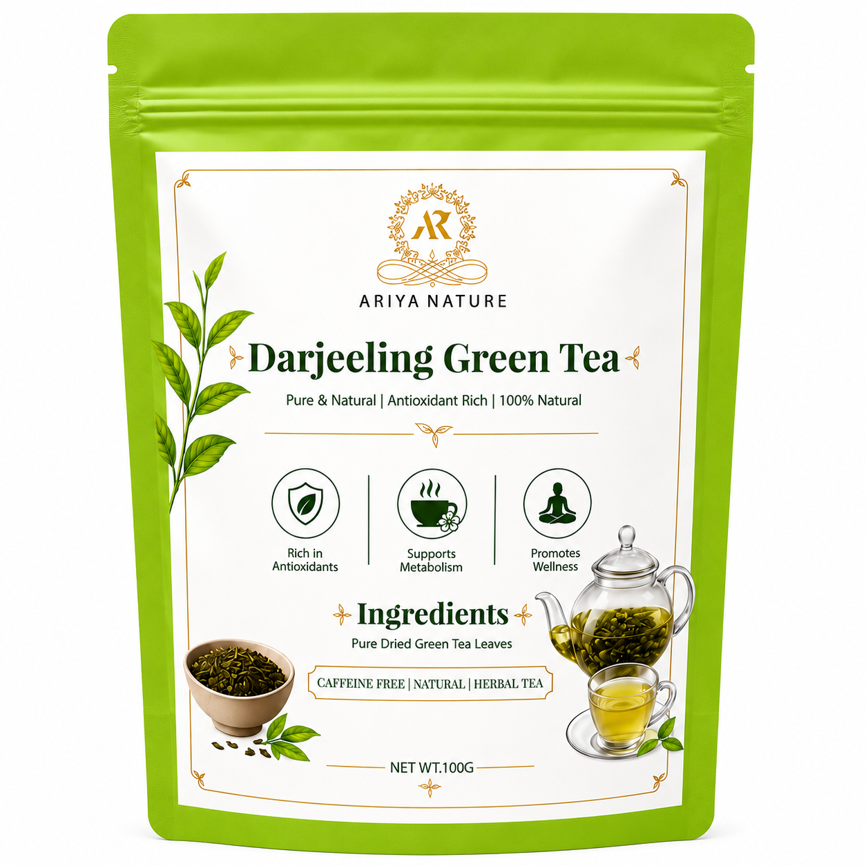 Ariya Nature Darjeeling Green Tea 100g| Premium Natural Green Tea Leaves