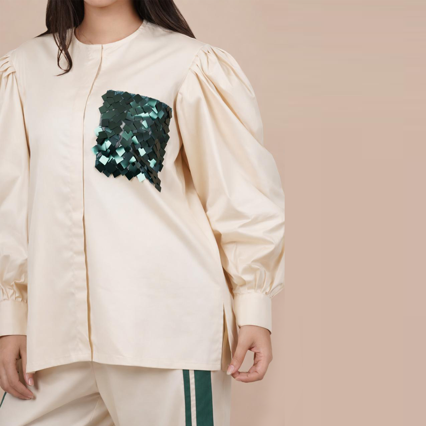 Ariya Threads Women’s Ivory Co-Ord Set with Green Sequin Patch & Side Stripe Pants