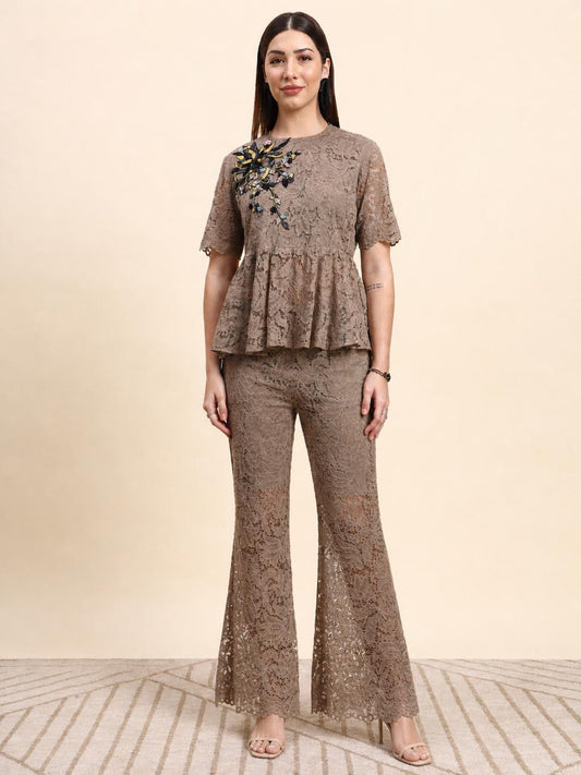 Ariya Threads Lace Peplum Co-ord Set (Taupe Beige)