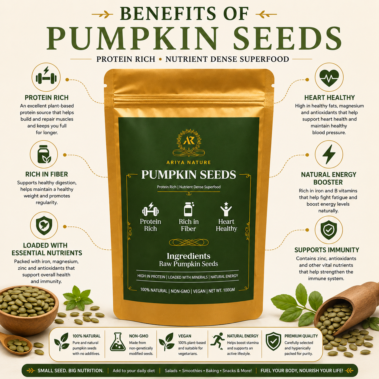 Ariya Nature Pumpkin Seeds 100g | Premium Natural Non-GMO Raw Pumpkin Seeds