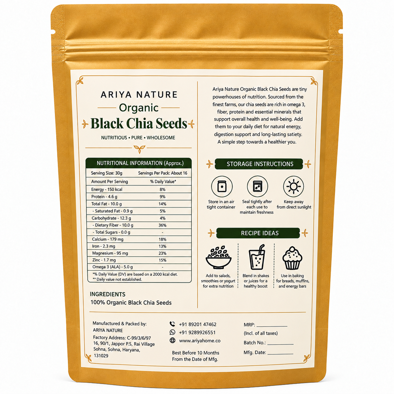Ariya Nature Organic Black Chia Seeds 150g | Raw, Non-GMO, Vegan Superfood