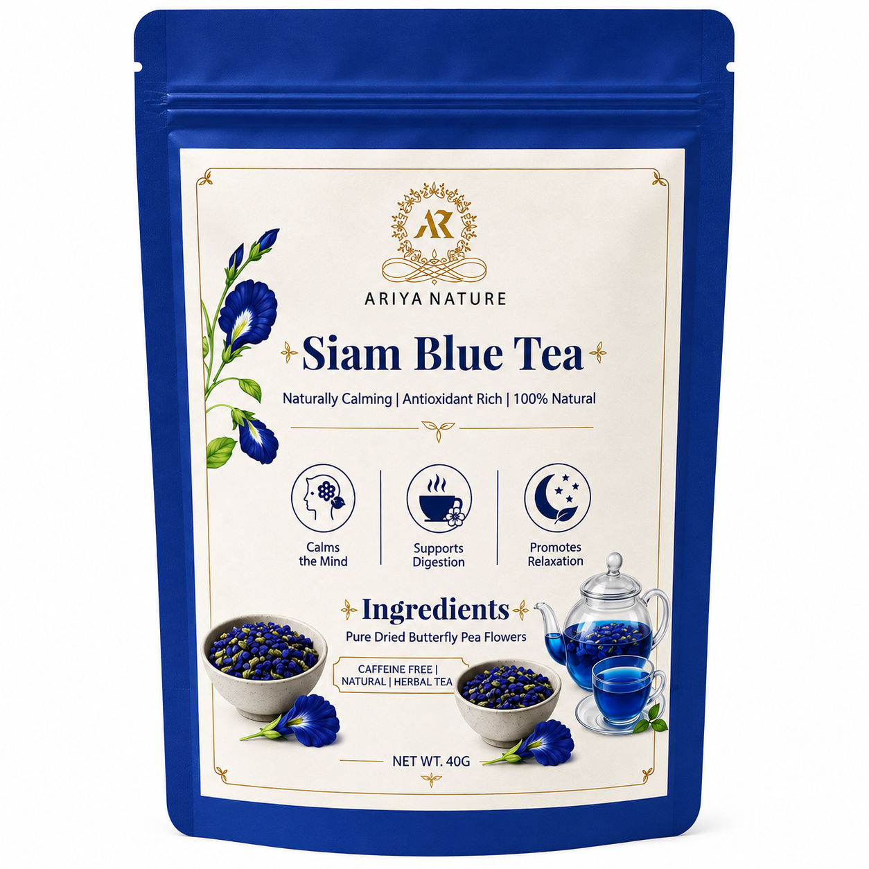 Ariya Nature Siam Blue Tea 40g| Premium Butterfly Pea Flower Herbal Tea