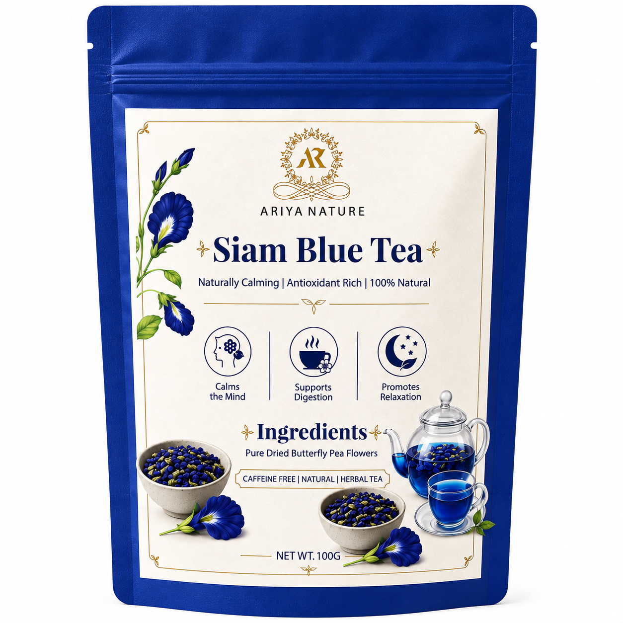 Ariya Nature Siam Blue Tea 100g| Premium Butterfly Pea Flower Herbal Tea