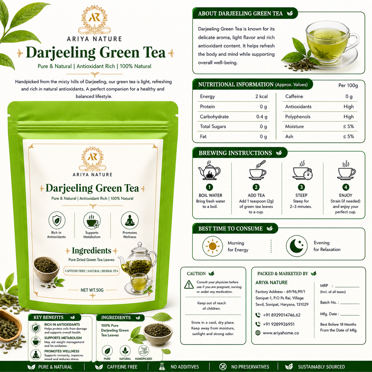 Ariya Nature Darjeeling Green Tea 50g | Premium Natural Green Tea Leaves