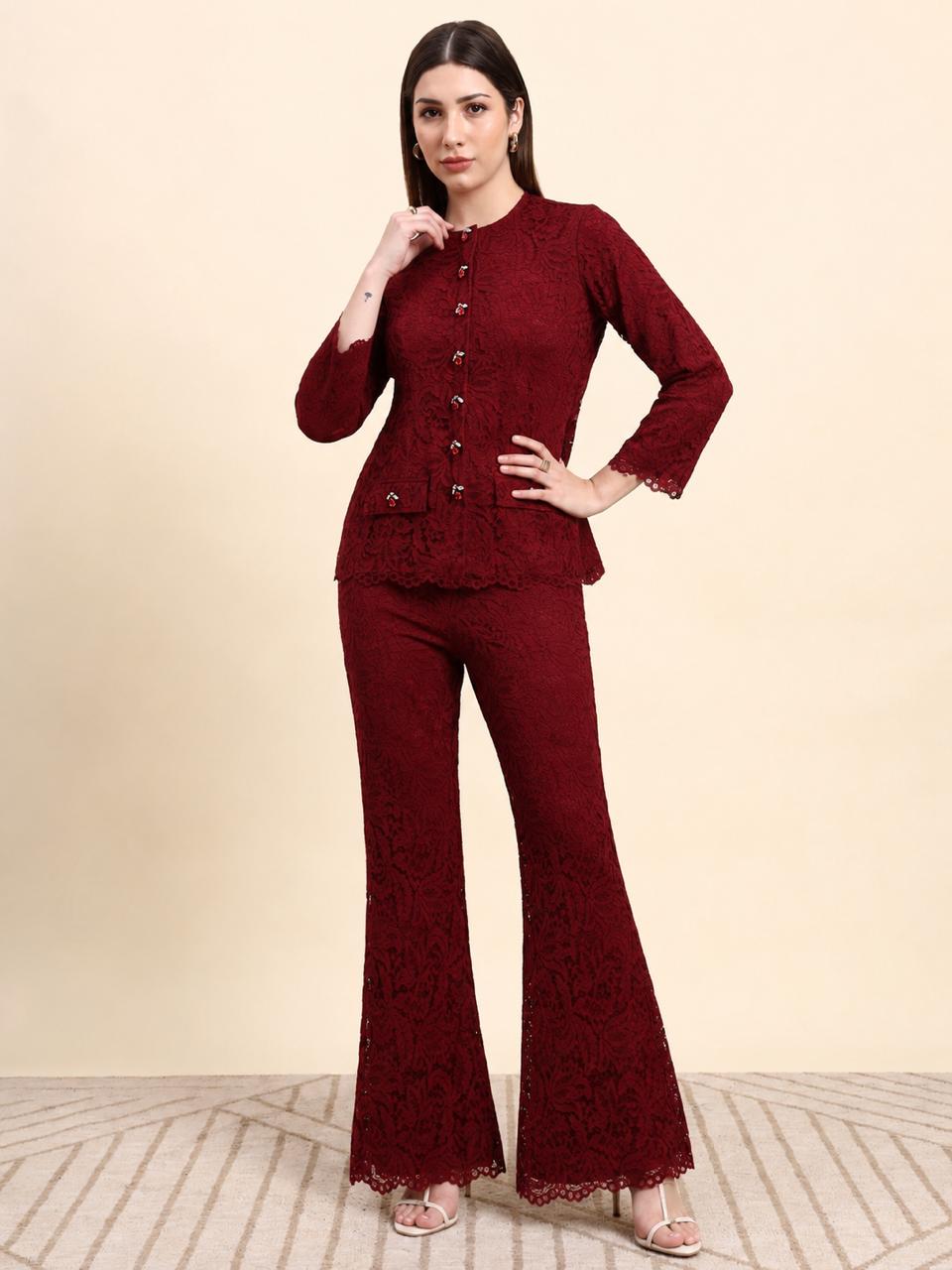 Ariya Threads Lace Shirt Co-ord Set (Wine Red)
