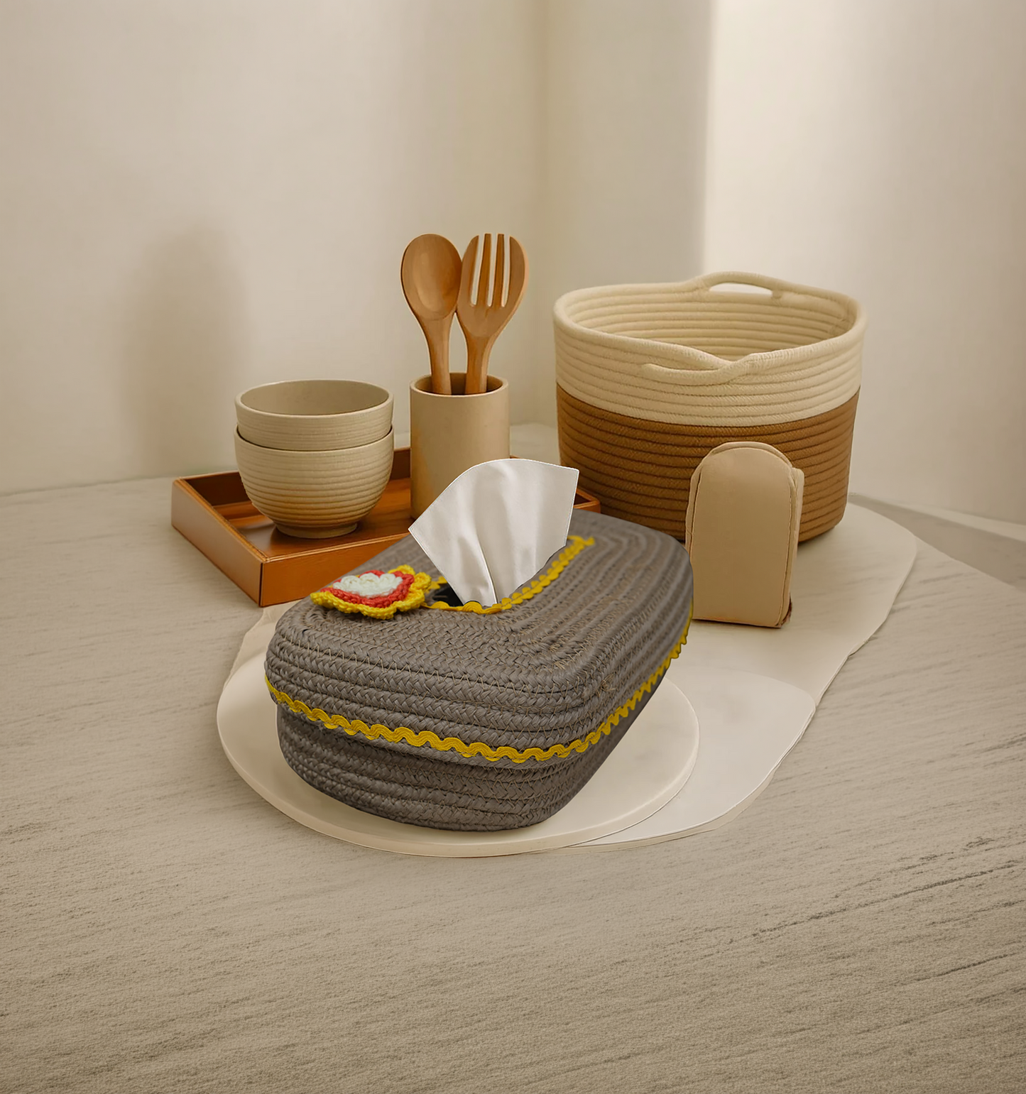 Ariya Cotton Tissue Box Holder – Oval Beige - Yellow Lace