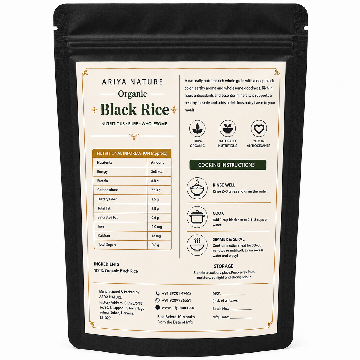 Ariya Nature Organic Black Rice 150g | High Fiber, Vegan & Antioxidant Rich