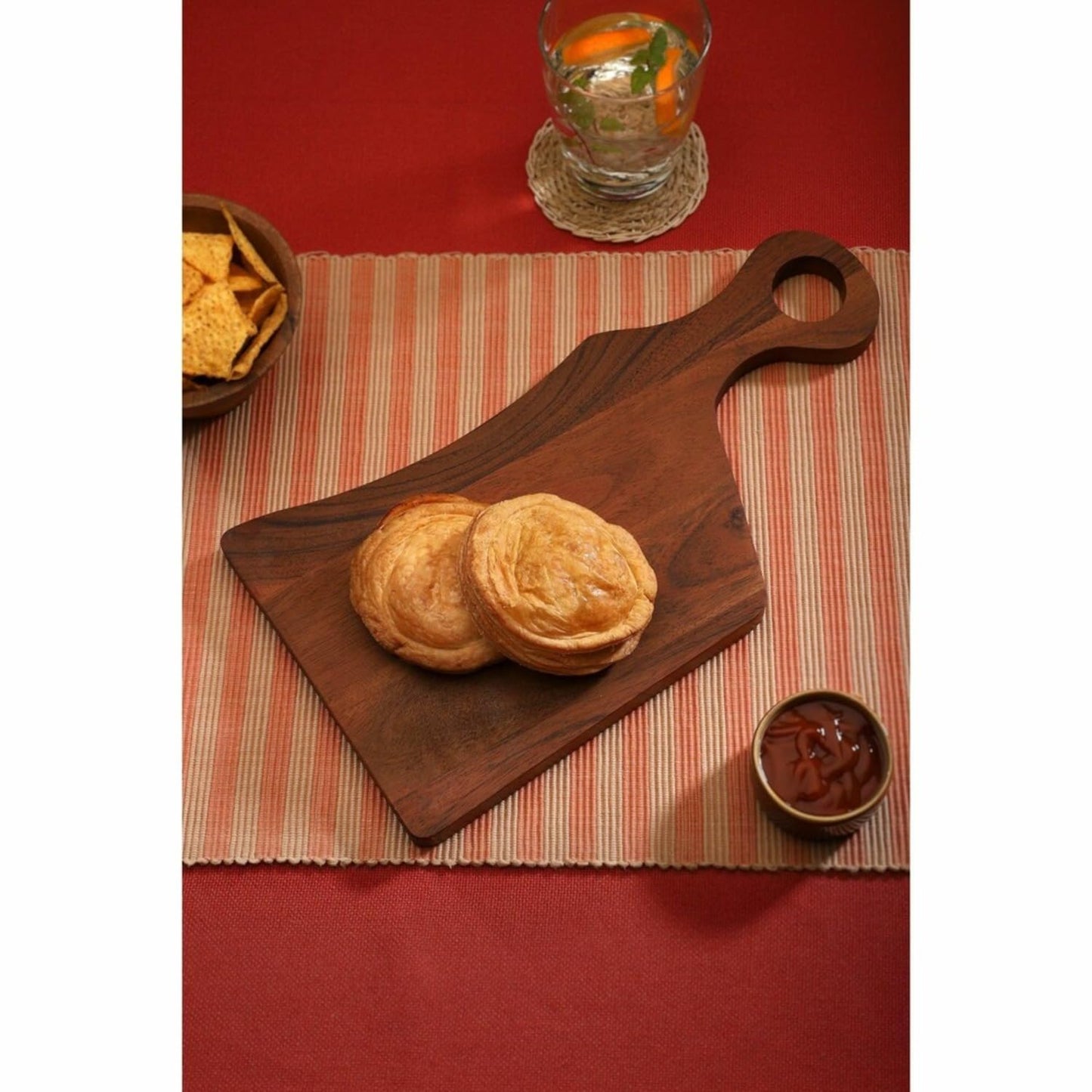 Ariya 14" Acacia Wooden Serving Platter with Chutney Bowl | Cheese & Charcuterie Board for Kitchen & Dining