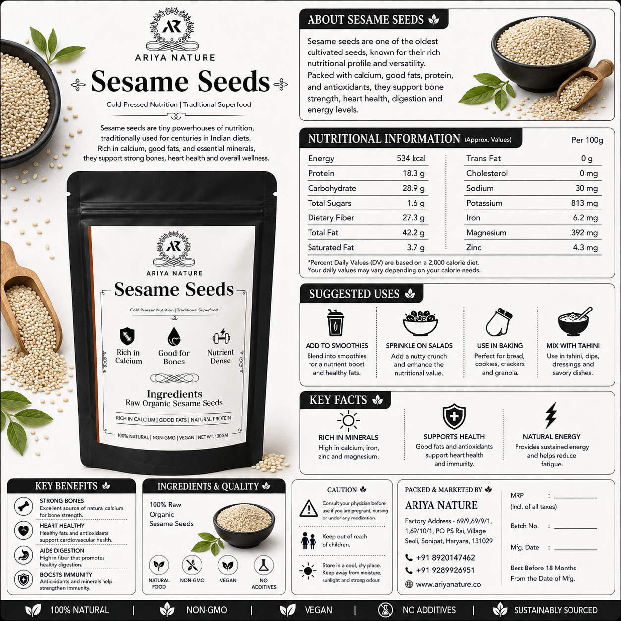 Ariya Nature Raw Sesame Seeds 100g | Premium Natural Non-GMO Sesame Seeds