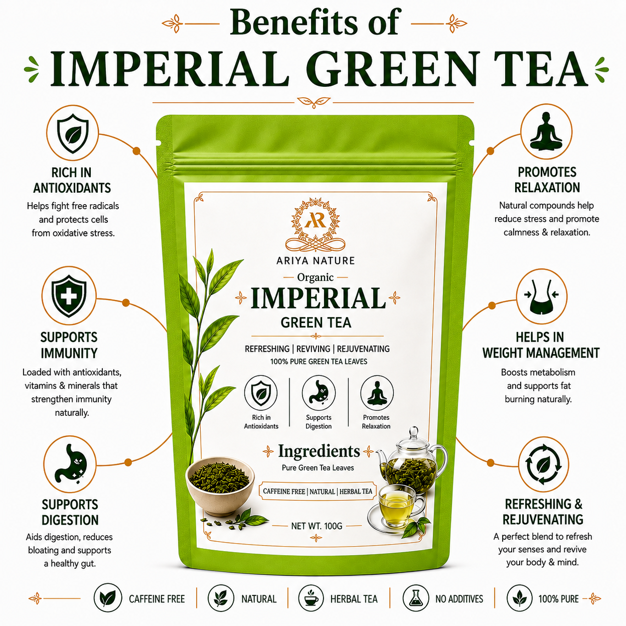 Ariya Nature Imperial Green Tea 100g| Pure Green Tea Leaves, Natural & Vegan