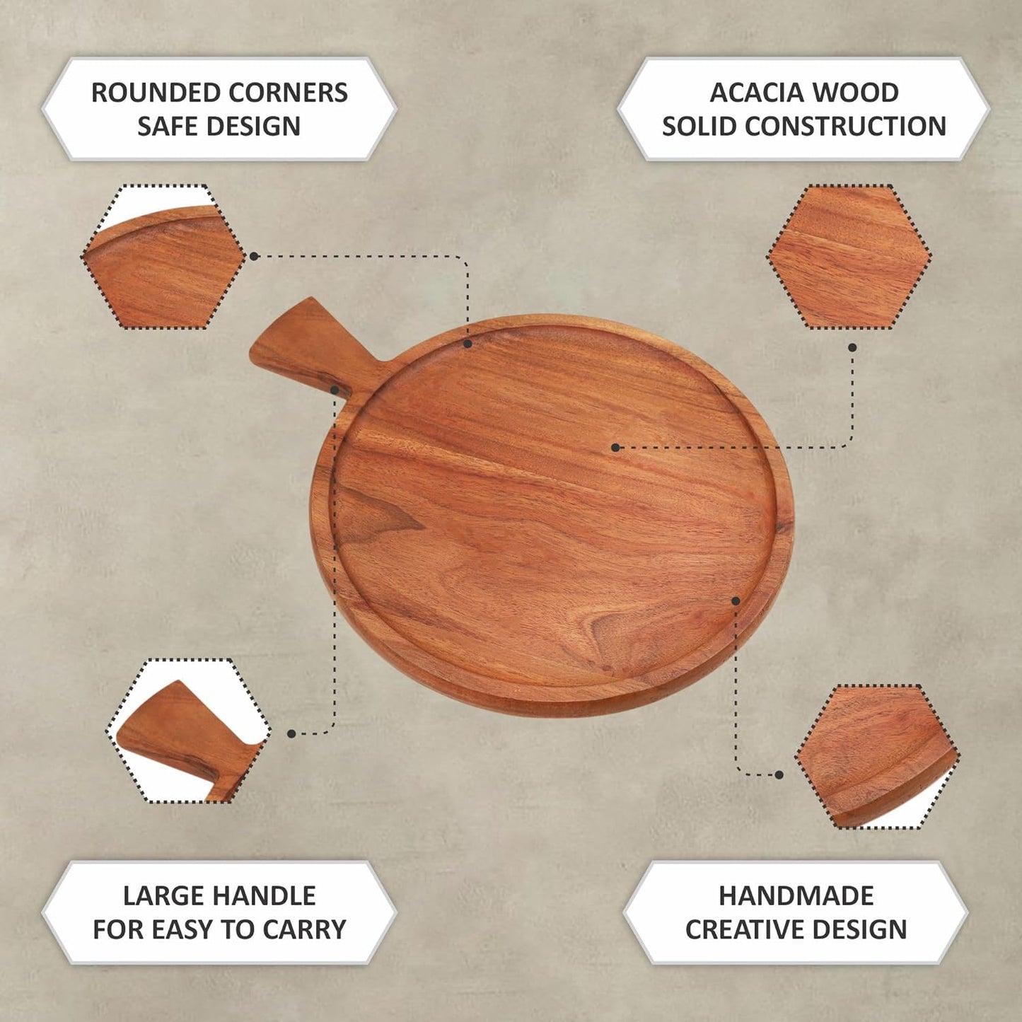 Ariya 10 x 10 Inch Acacia Wooden Round Serving Tray with Handle