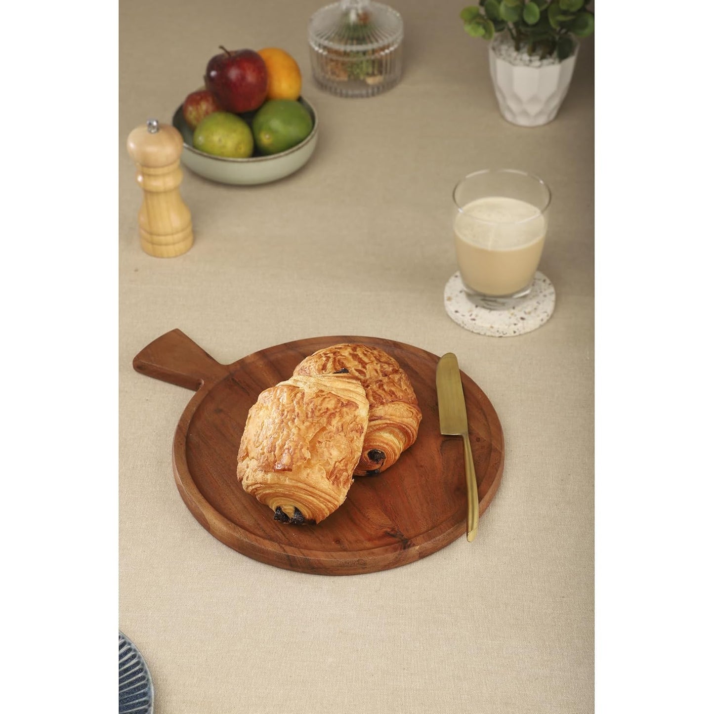 Ariya 10 x 10 Inch Acacia Wooden Round Serving Tray with Handle