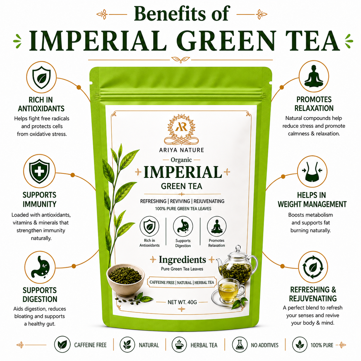 Ariya Nature Imperial Green Tea 40g | Pure Green Tea Leaves, Natural & Vegan