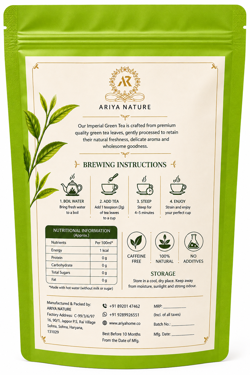 Ariya Nature Imperial Green Tea 40g | Pure Green Tea Leaves, Natural & Vegan
