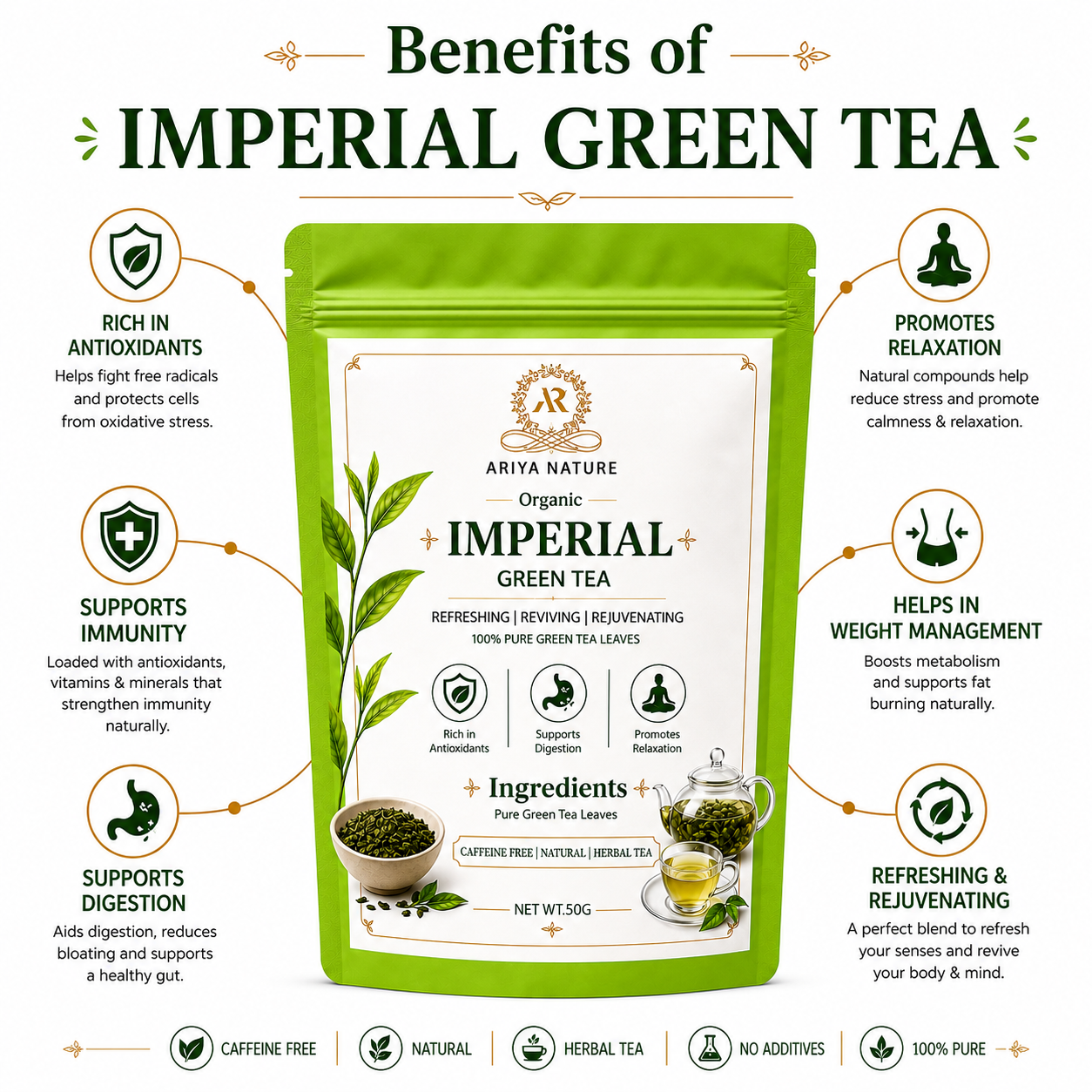 Ariya Nature Imperial Green Tea 50 Gram| Pure Green Tea Leaves, Natural & Vegan