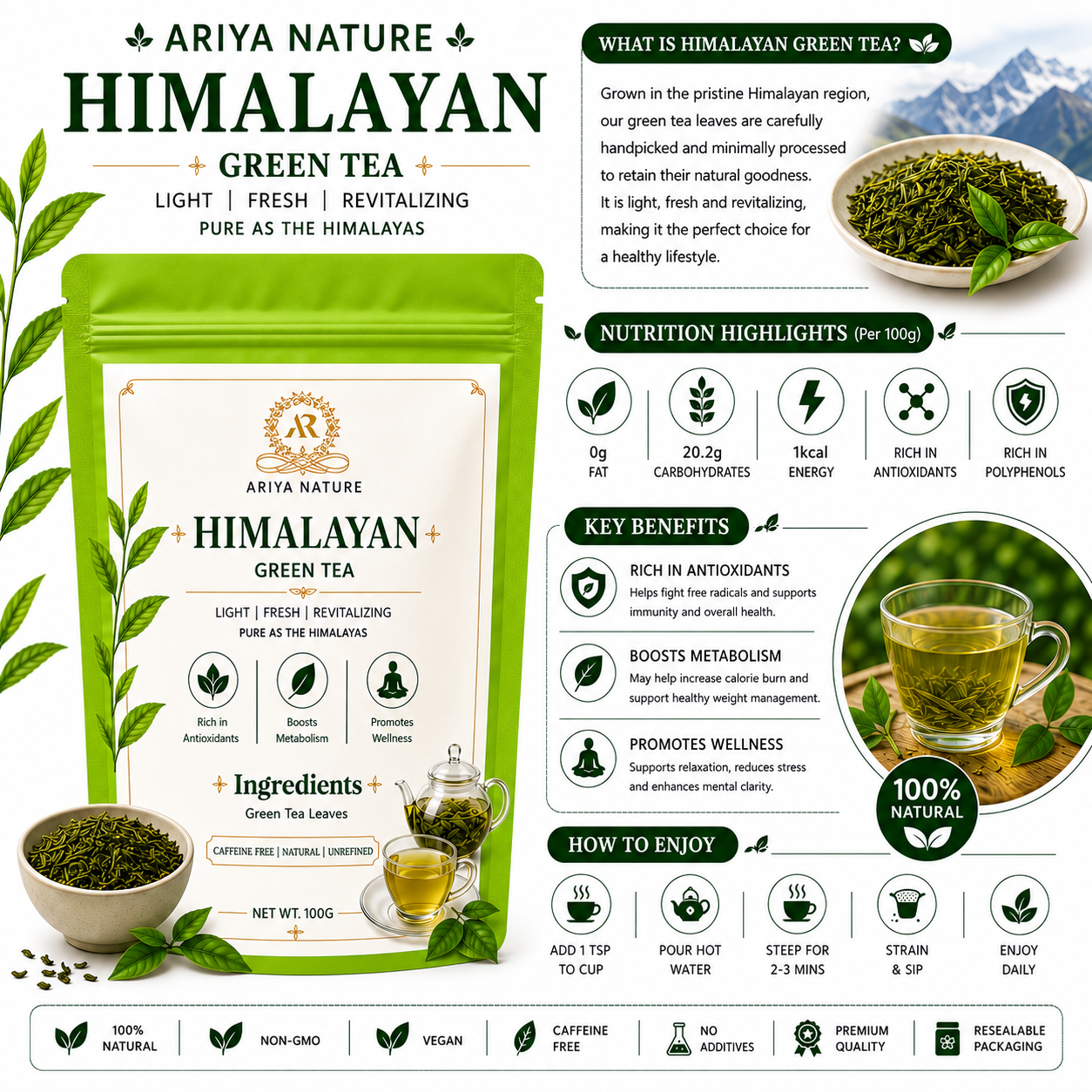 Ariya Nature Himalayan Green Tea 100 Gram | Pure Green Tea Leaves, Natural & Vegan
