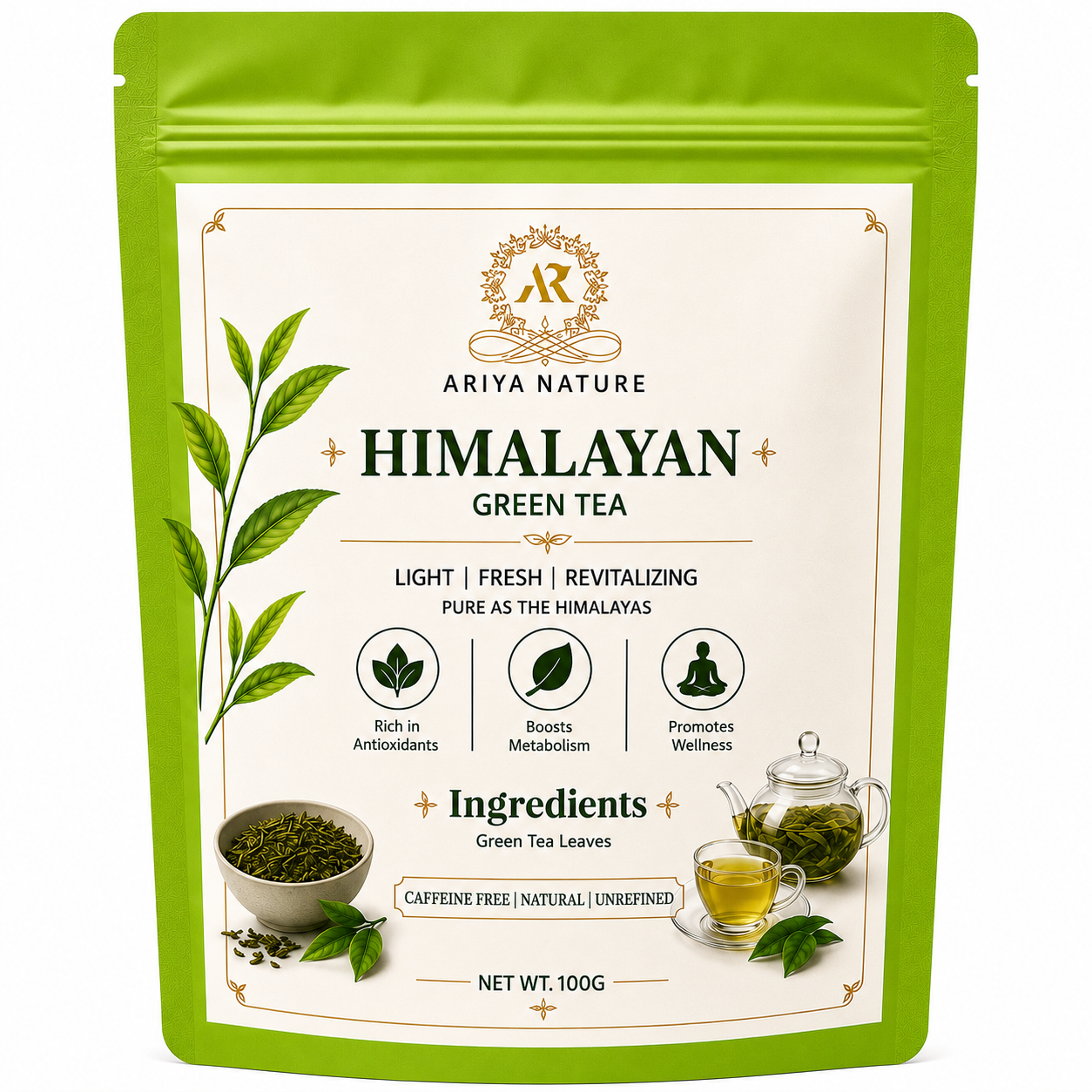 Ariya Nature Himalayan Green Tea 100 Gram | Pure Green Tea Leaves, Natural & Vegan