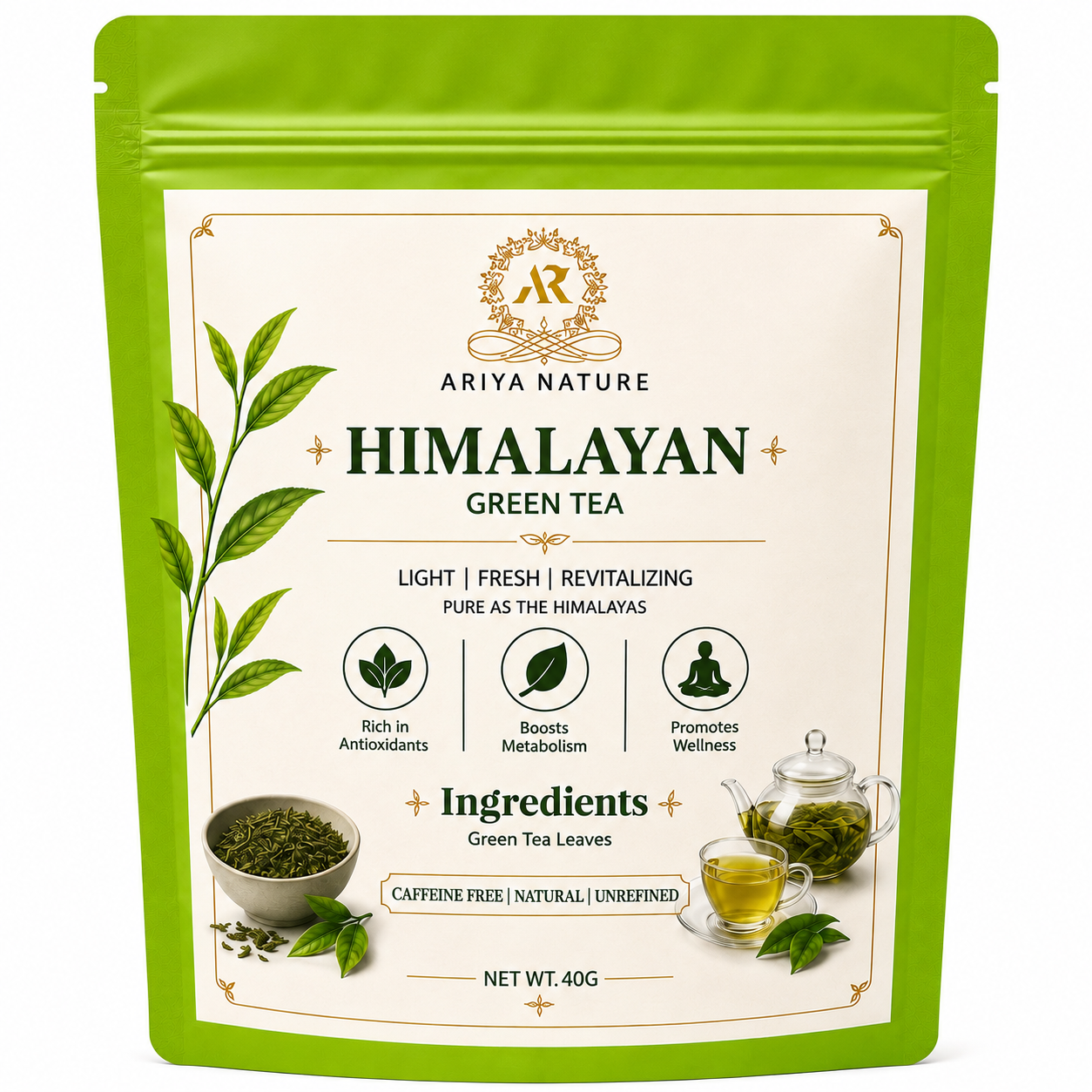 Ariya Nature Himalayan Green Tea 40 Gram | Pure Green Tea Leaves, Natural & Vegan