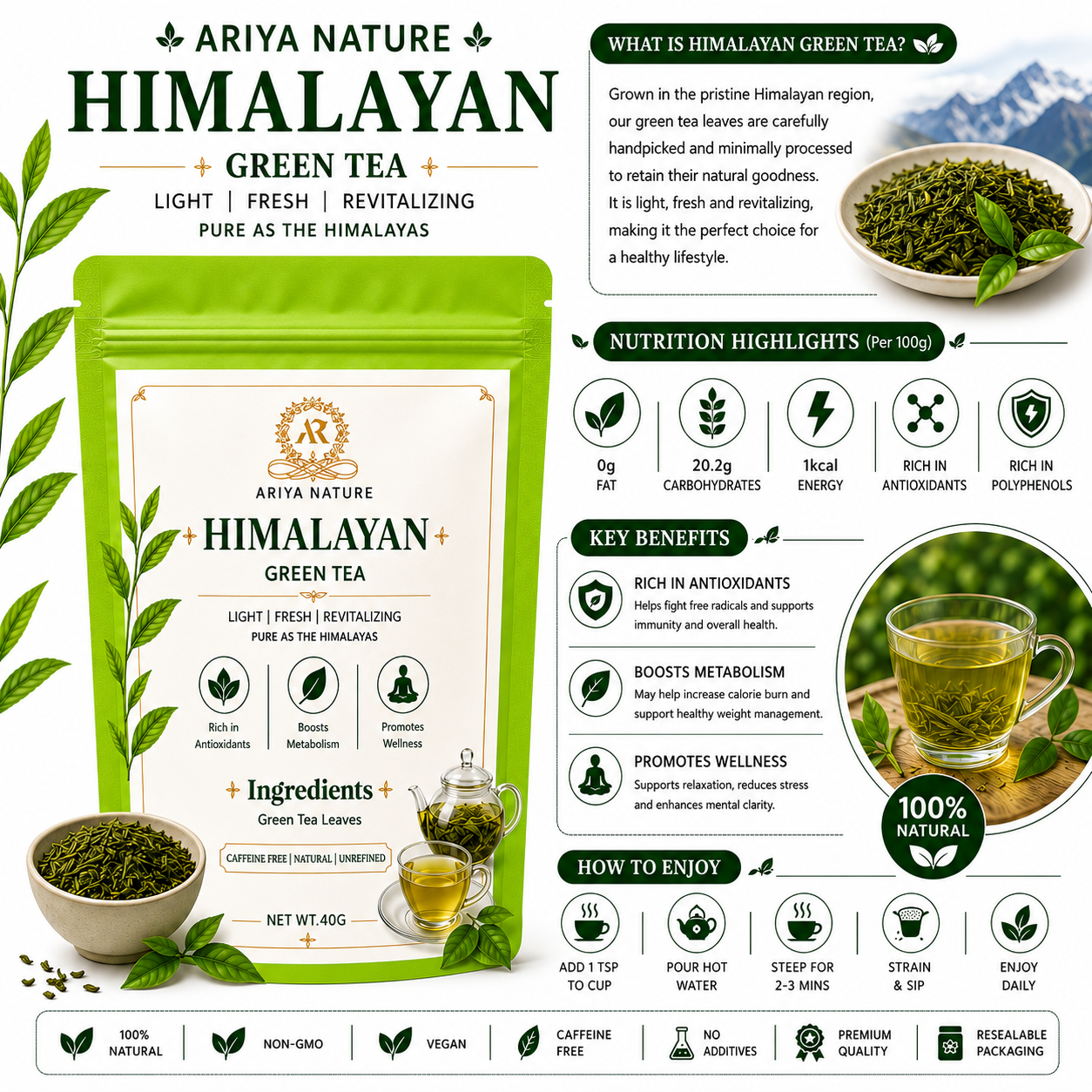 Ariya Nature Himalayan Green Tea 40 Gram | Pure Green Tea Leaves, Natural & Vegan