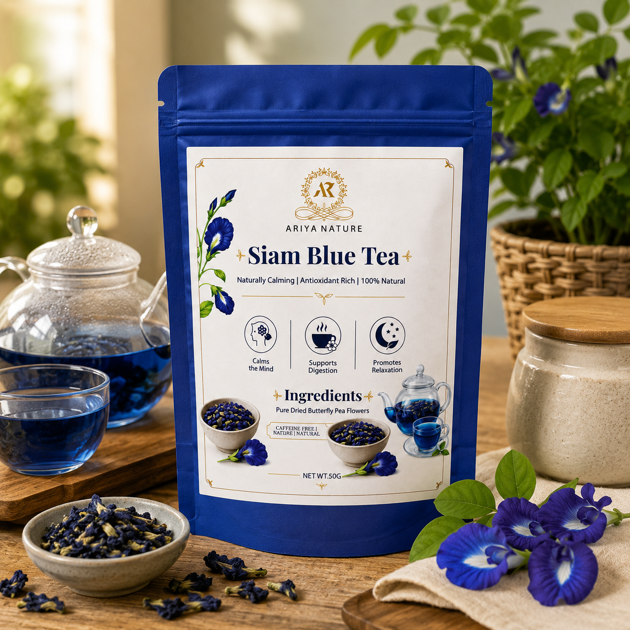 Ariya Nature Siam Blue Tea 50g | Premium Butterfly Pea Flower Herbal Tea
