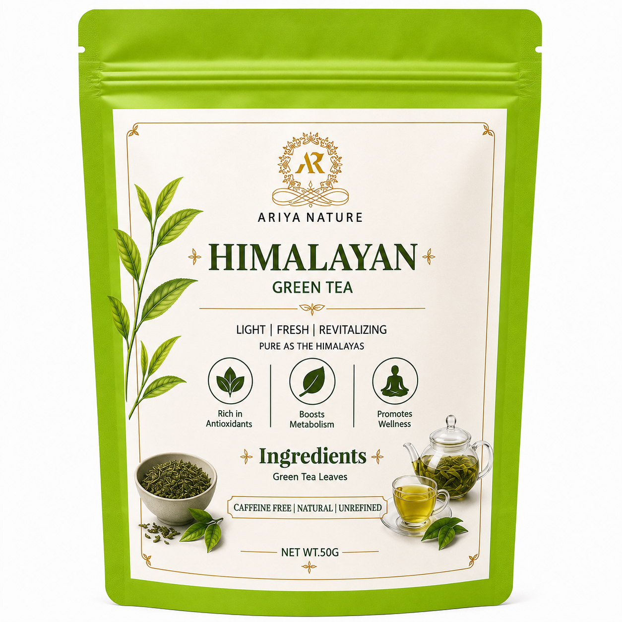 Ariya Nature Himalayan Green Tea 50 Gram | Pure Green Tea Leaves, Natural & Vegan