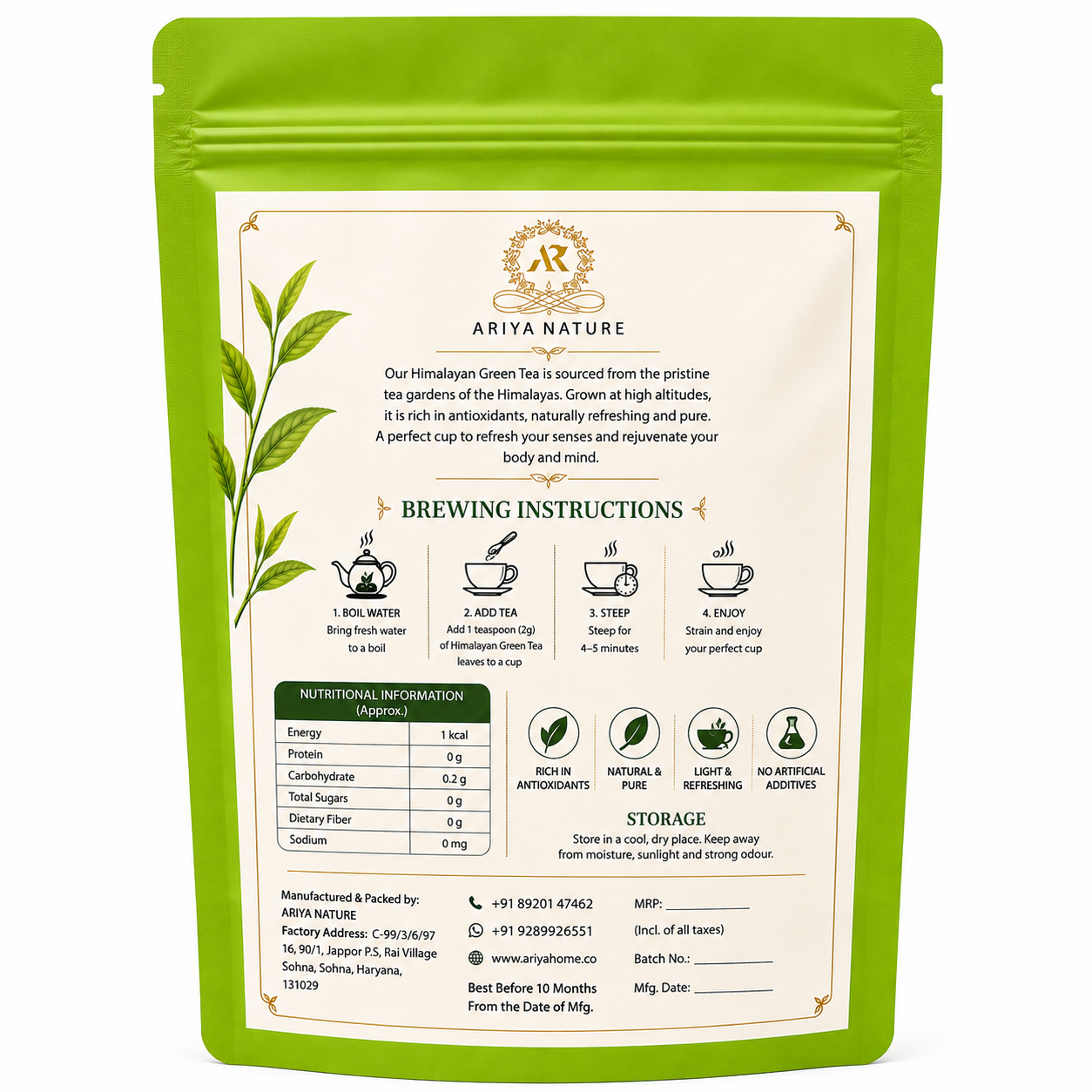 Ariya Nature Himalayan Green Tea 100 Gram | Pure Green Tea Leaves, Natural & Vegan