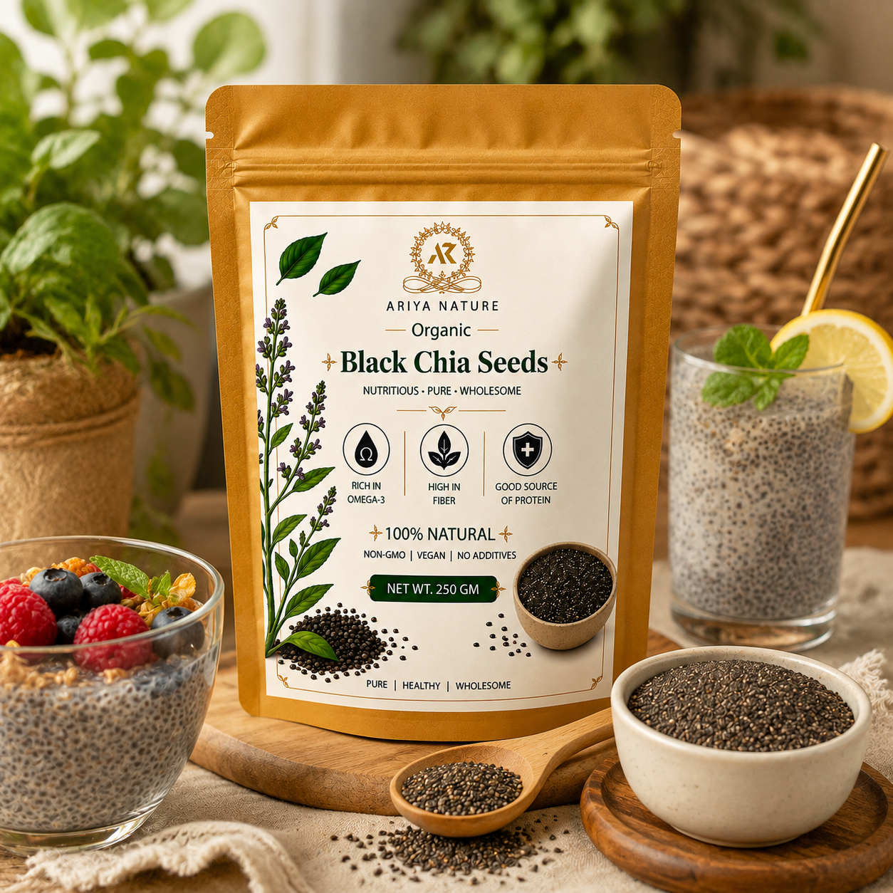Ariya Nature Organic Black Chia Seeds 250 Gram| Raw, Non-GMO, Vegan Superfood
