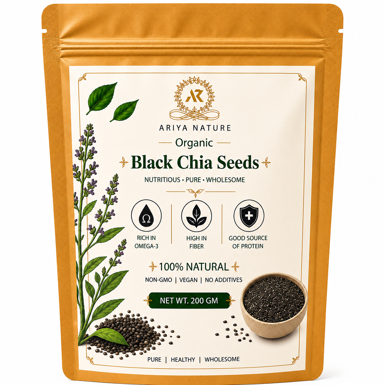 Ariya Nature Organic Black Chia Seeds 200 Gram| Raw, Non-GMO, Vegan Superfood