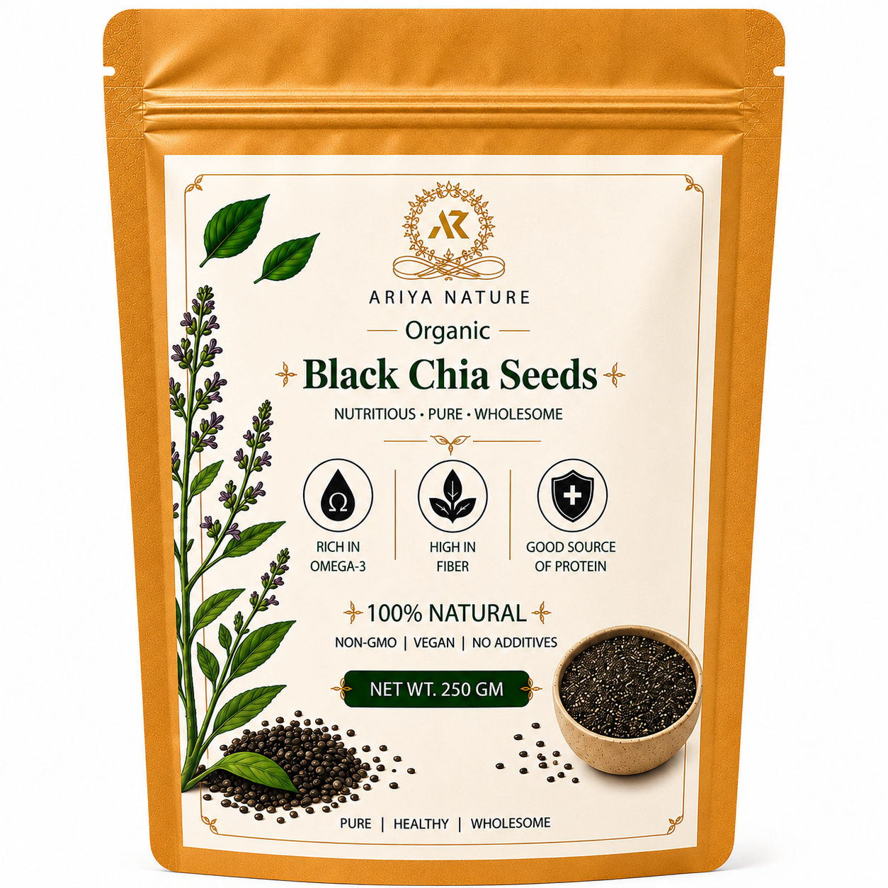 Ariya Nature Organic Black Chia Seeds 250 Gram| Raw, Non-GMO, Vegan Superfood