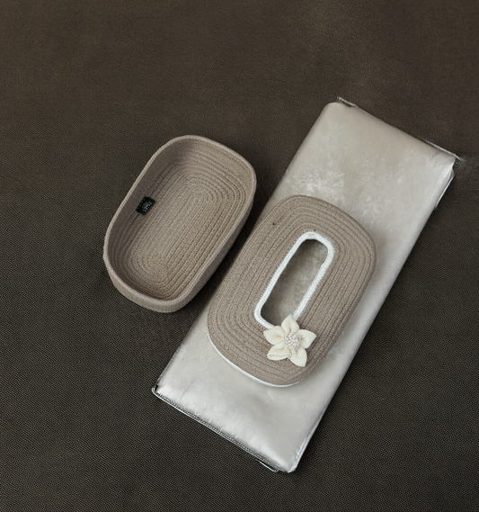 Ariya Cotton Tissue Box Holder – Oval Beige - White Line
