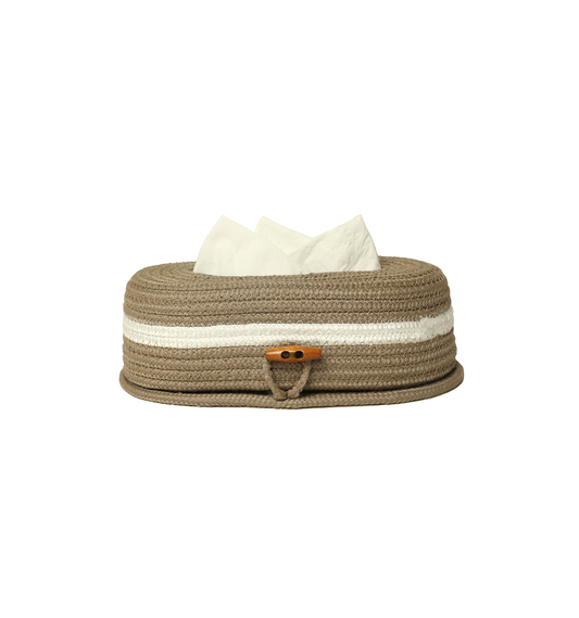Ariya Cotton Tissue Box Holder – Oval Beige Wooden Button