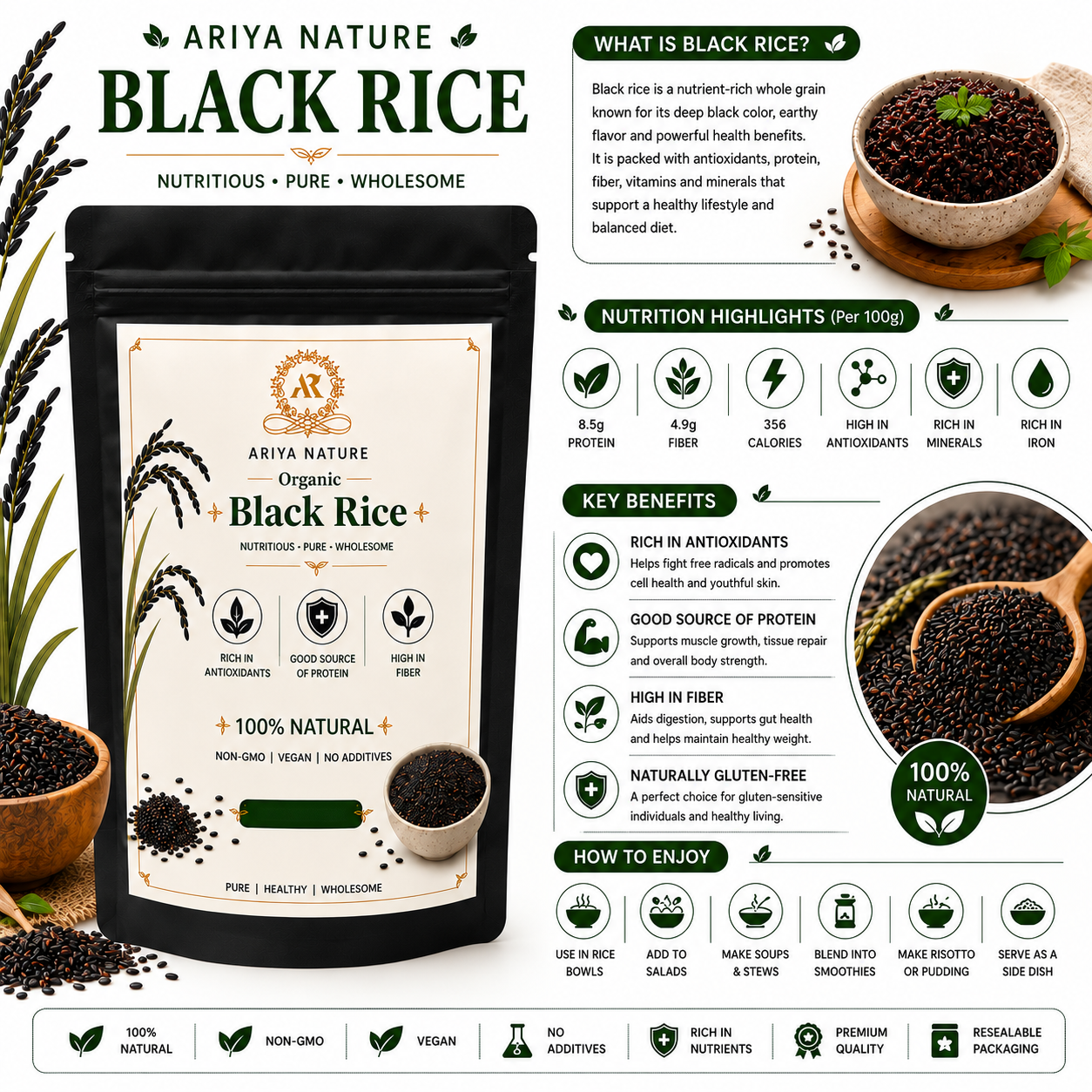 Ariya Nature Organic Black Rice 250 Gram| High Fiber, Vegan & Antioxidant Rich