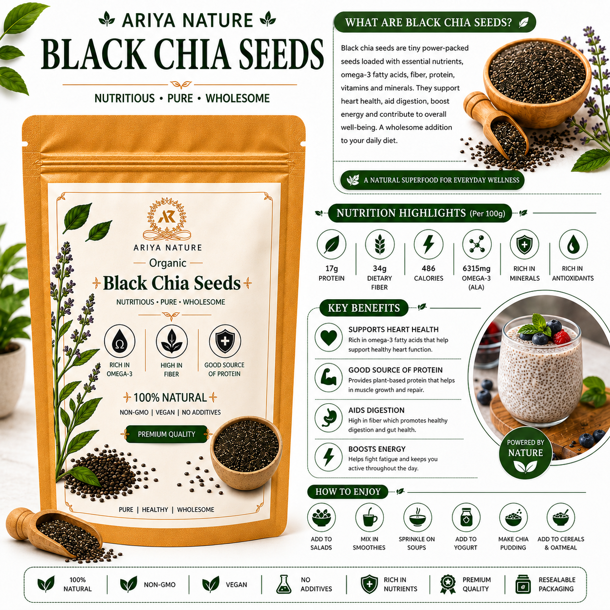 Ariya Nature Organic Black Chia Seeds 200 Gram| Raw, Non-GMO, Vegan Superfood