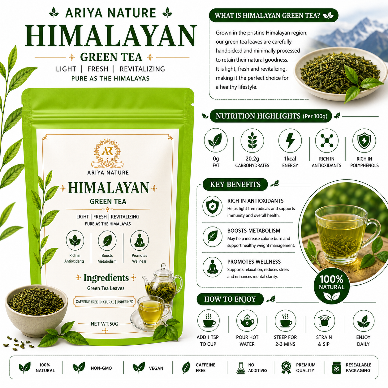 Ariya Nature Himalayan Green Tea 50 Gram | Pure Green Tea Leaves, Natural & Vegan