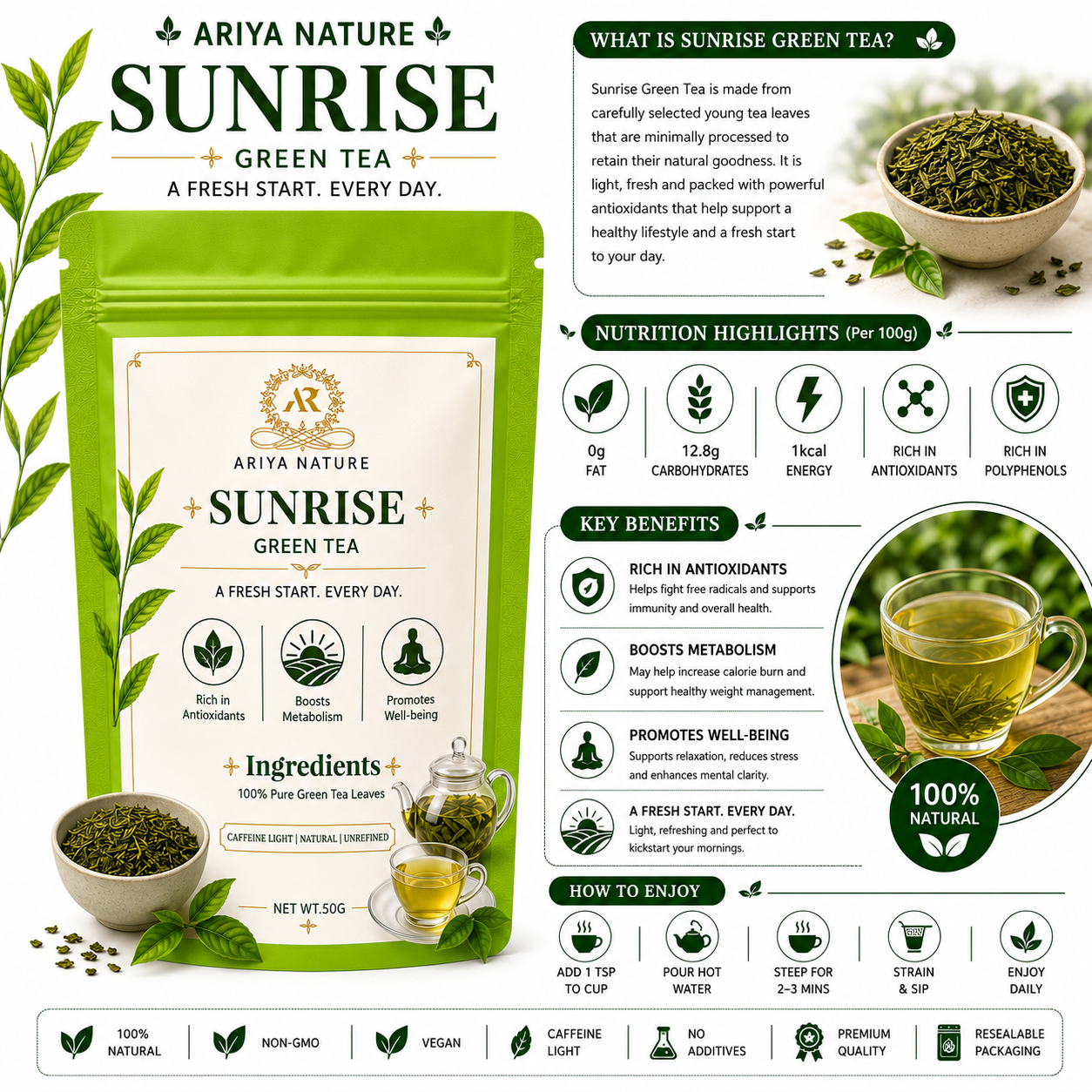 Ariya Nature Sunrise Green Tea 50 Gram | Pure Green Tea Leaves, Natural & Vegan