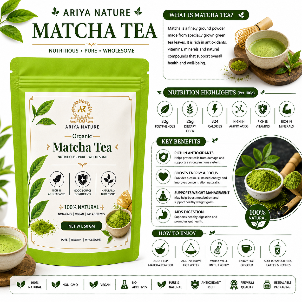 Ariya Nature Organic Matcha Tea Powder 50 Gram| Premium Green Tea, Vegan & Natural