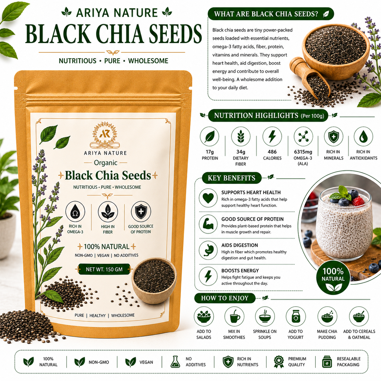 Ariya Nature Organic Black Chia Seeds 150g | Raw, Non-GMO, Vegan Superfood