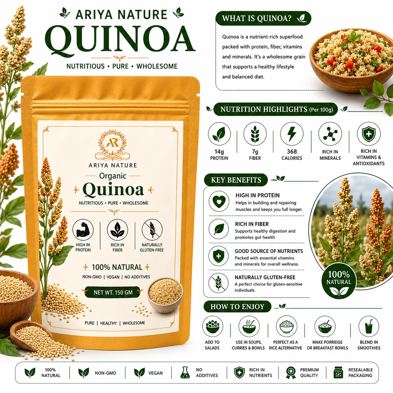 Ariya Nature Organic Quinoa 150g | High Protein, Gluten-Free & Vegan Grain
