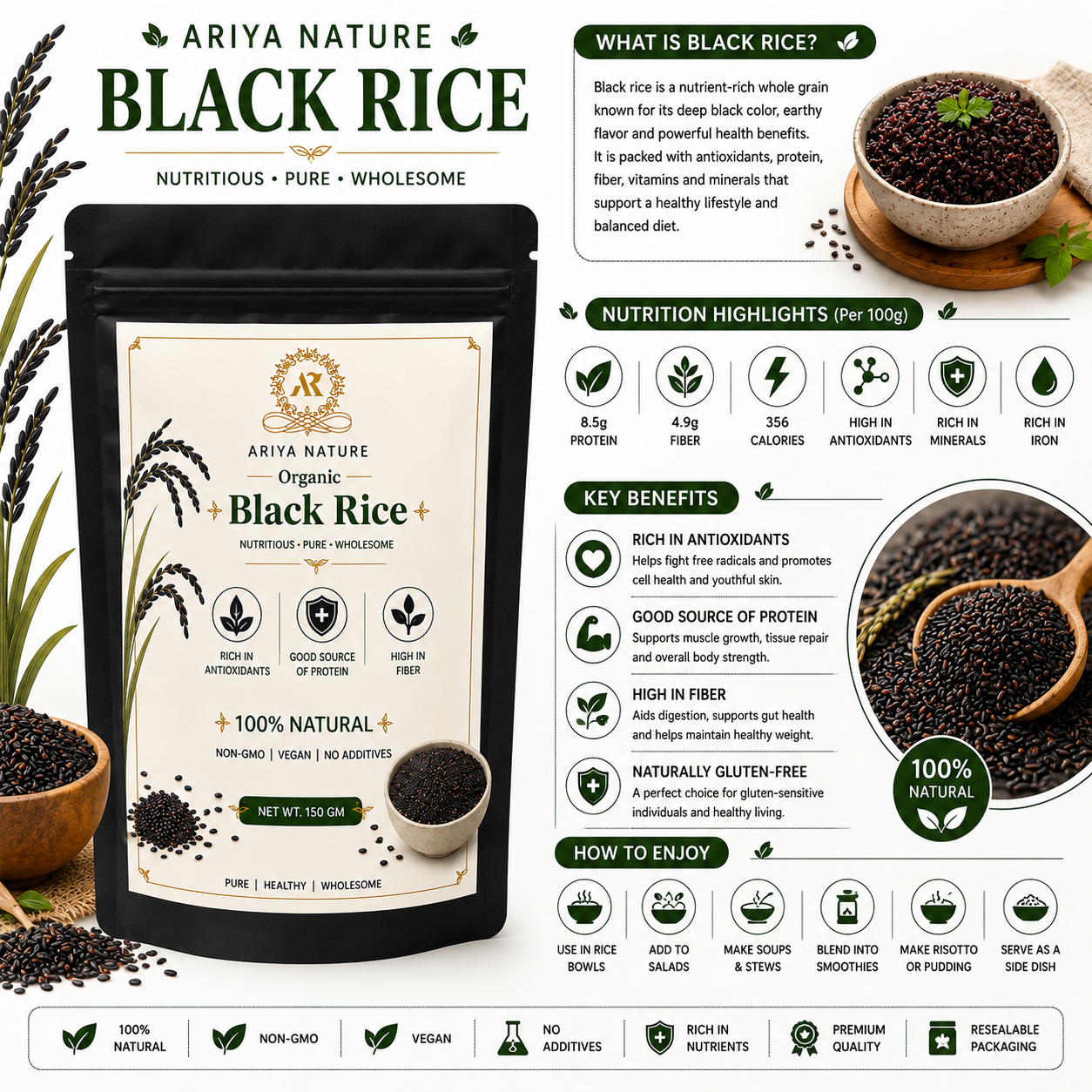 Ariya Nature Organic Black Rice 150g | High Fiber, Vegan & Antioxidant Rich