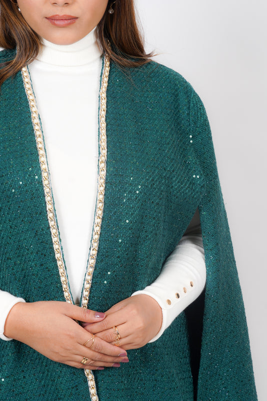 Ariya Threads Green Frost Tweed Overlay Cape – Stylish Winter Outerwear