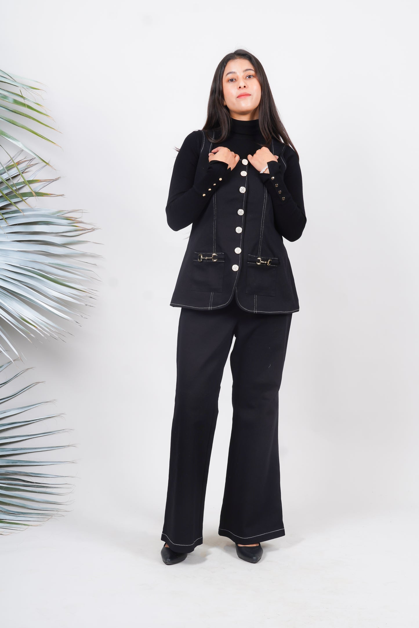 Ariya Threads Women’s Black Denim Sleeveless Vest Co-ord Set with Flared Pants