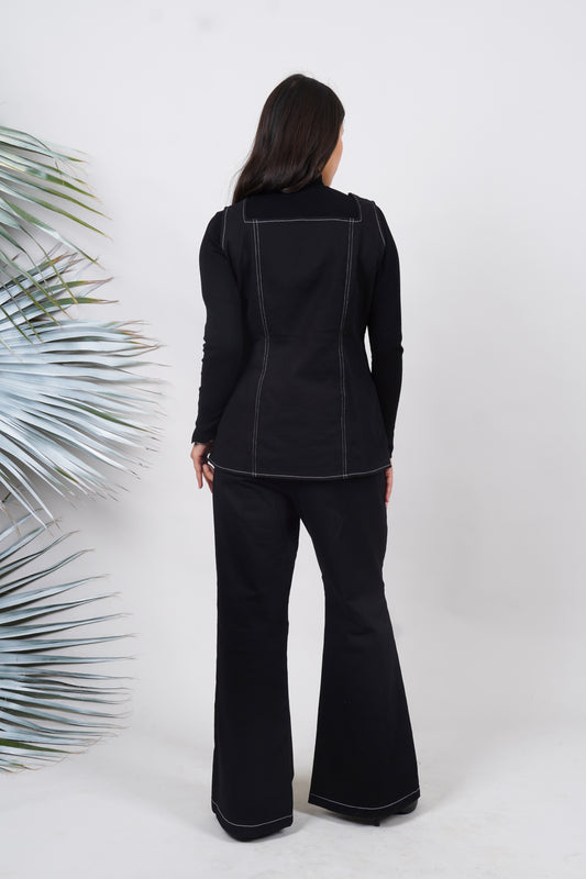 Ariya Threads Women’s Black Denim Sleeveless Vest Co-ord Set with Flared Pants