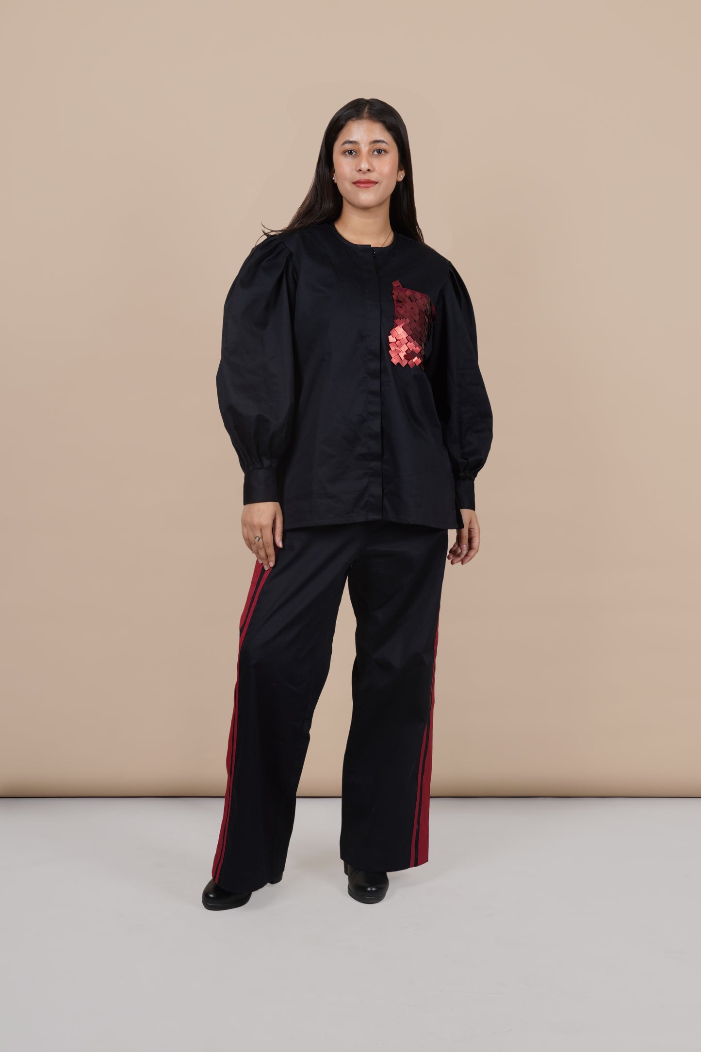Ariya Threads Women’s Black Co-Ord Set with Red Sequin Pocket & Contrast Stripe Pants