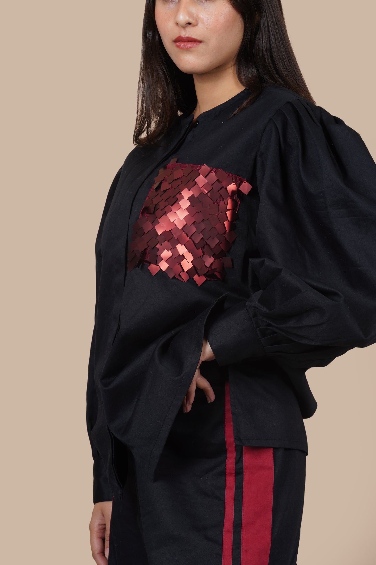 Ariya Threads Women’s Black Co-Ord Set with Red Sequin Pocket & Contrast Stripe Pants