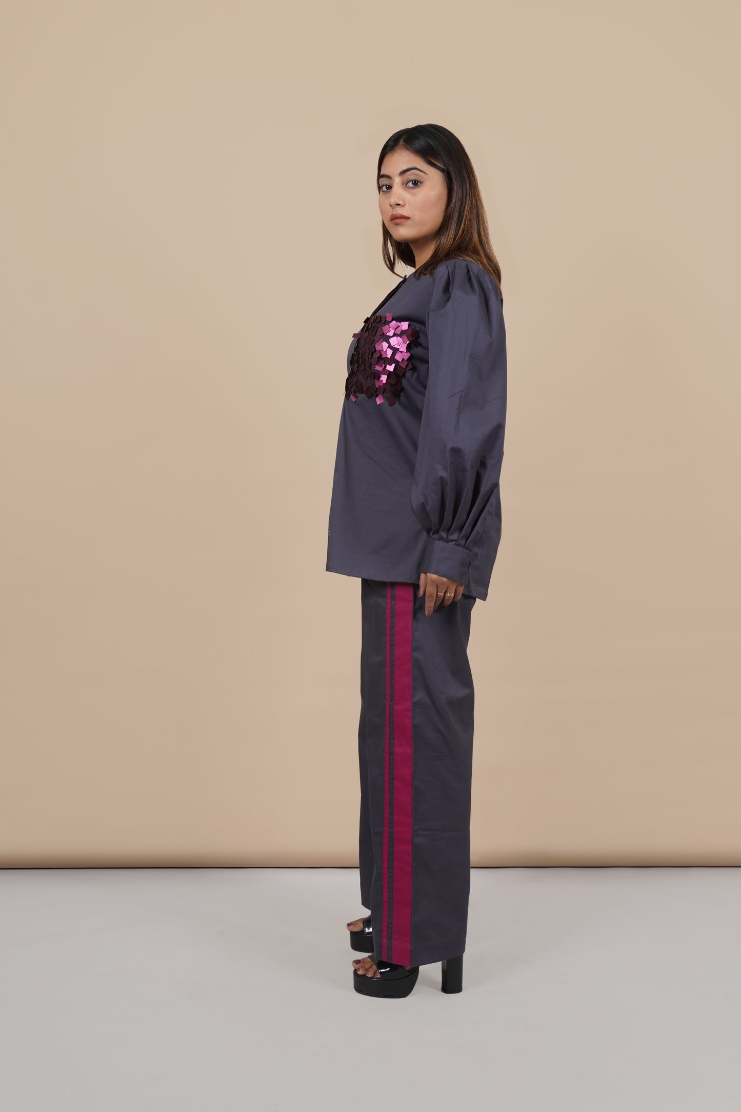 Ariya Threads Women’s Charcoal Grey Co-Ord Set with Magenta Sequin Pocket & Contrast Stripe Pants