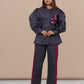 Ariya Threads Women’s Charcoal Grey Co-Ord Set with Magenta Sequin Pocket & Contrast Stripe Pants