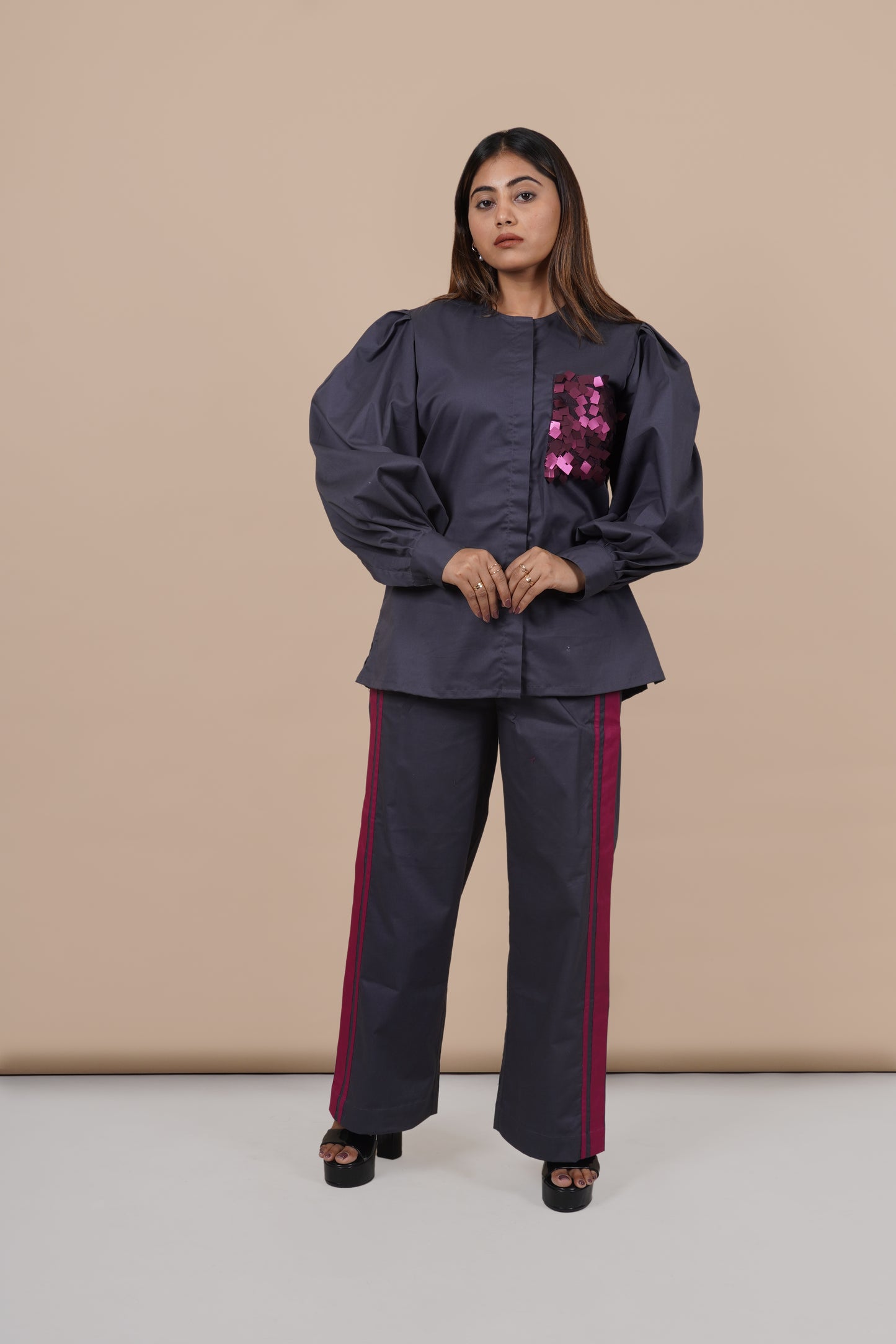 Ariya Threads Women’s Charcoal Grey Co-Ord Set with Magenta Sequin Pocket & Contrast Stripe Pants