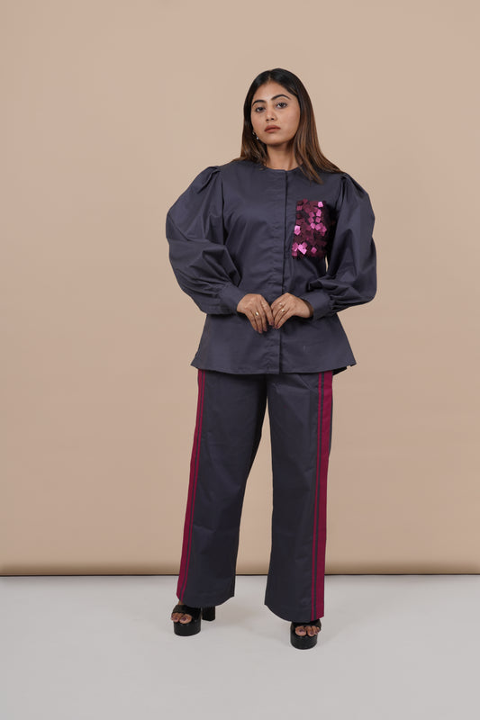 Ariya Threads Women’s Charcoal Grey Co-Ord Set with Magenta Sequin Pocket & Contrast Stripe Pants