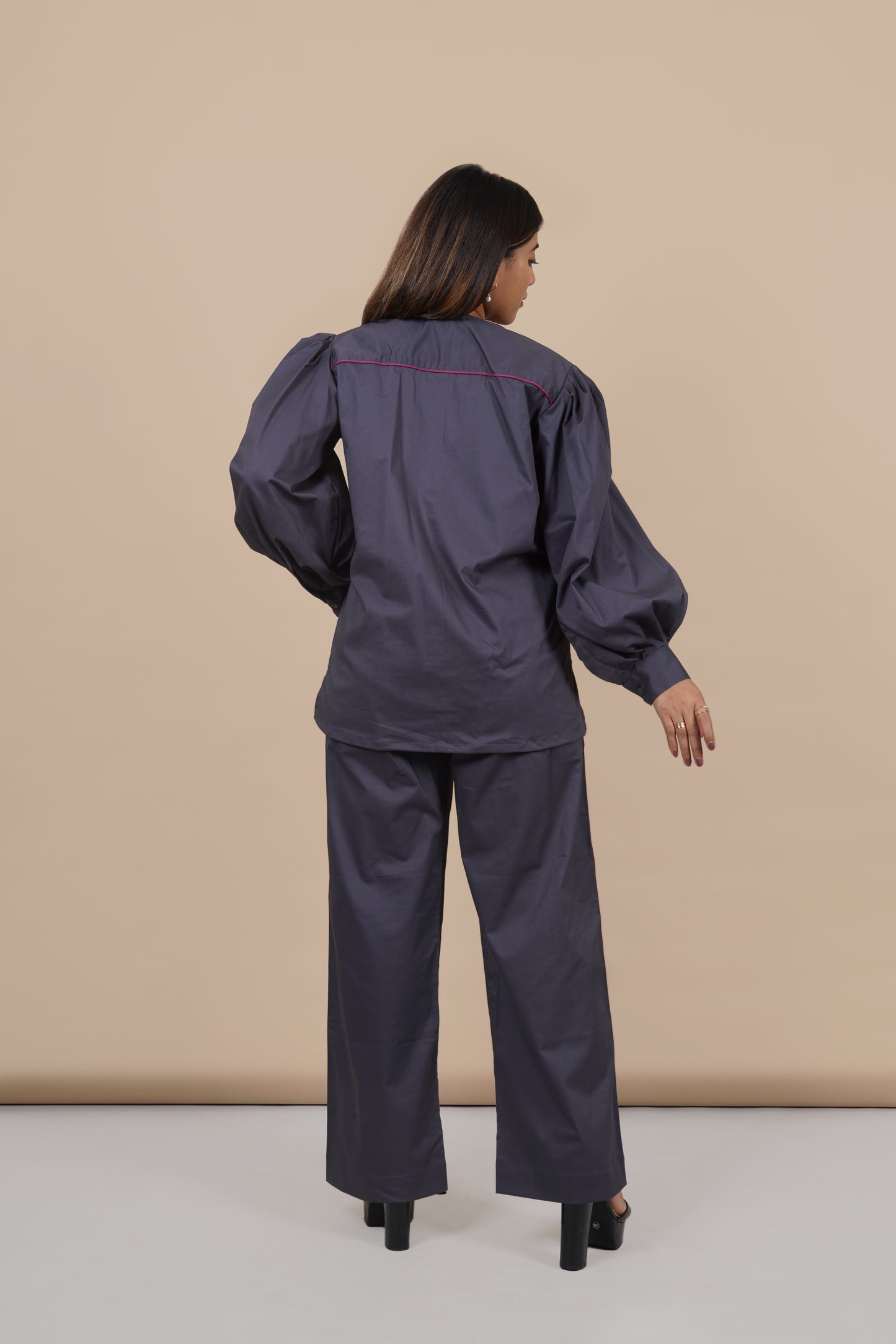 Ariya Threads Women’s Charcoal Grey Co-Ord Set with Magenta Sequin Pocket & Contrast Stripe Pants