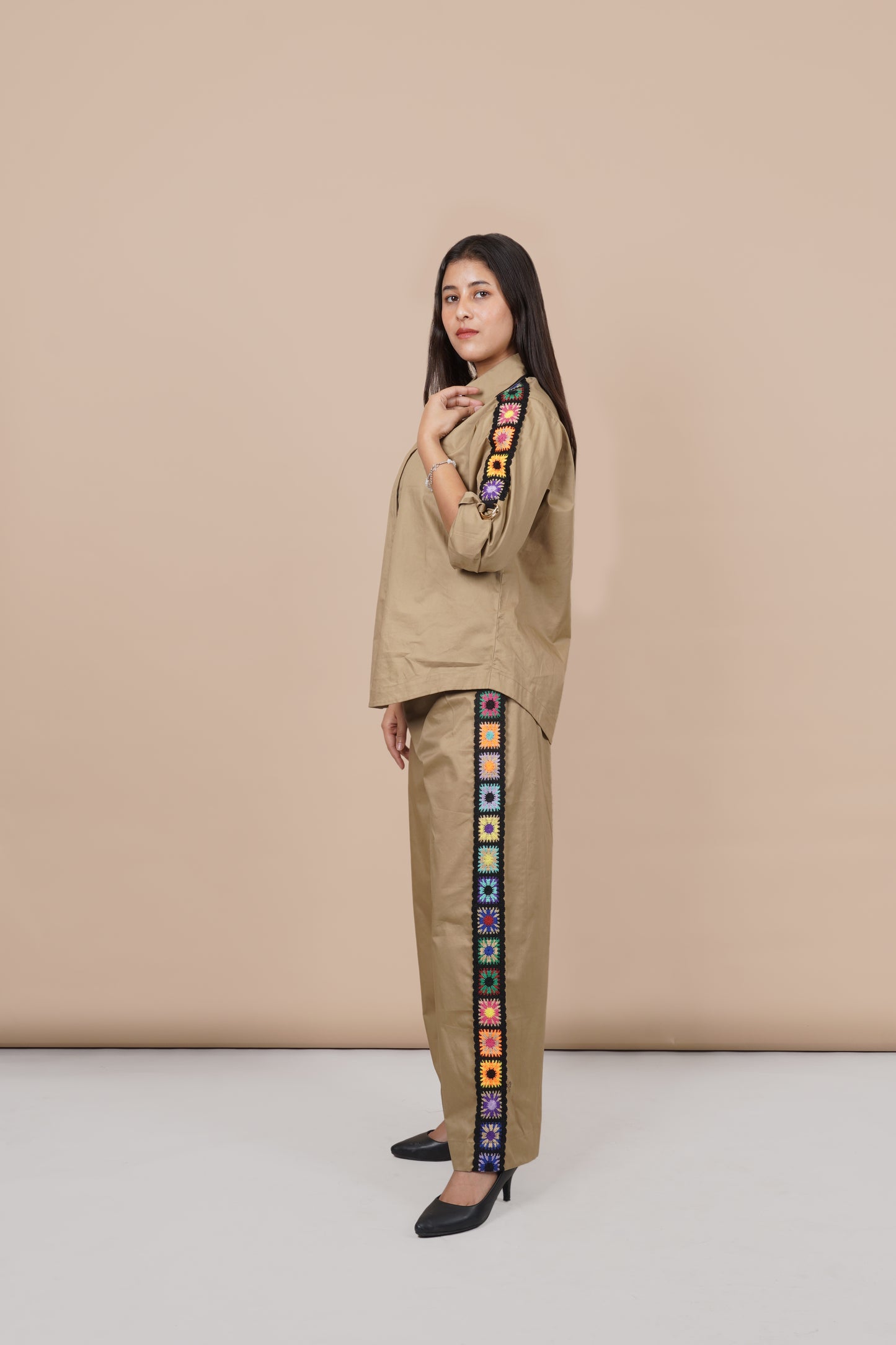Ariya Threads Women’s Co-Ord Set with Handcrafted Crochet Detail | Shirt & Straight Pants